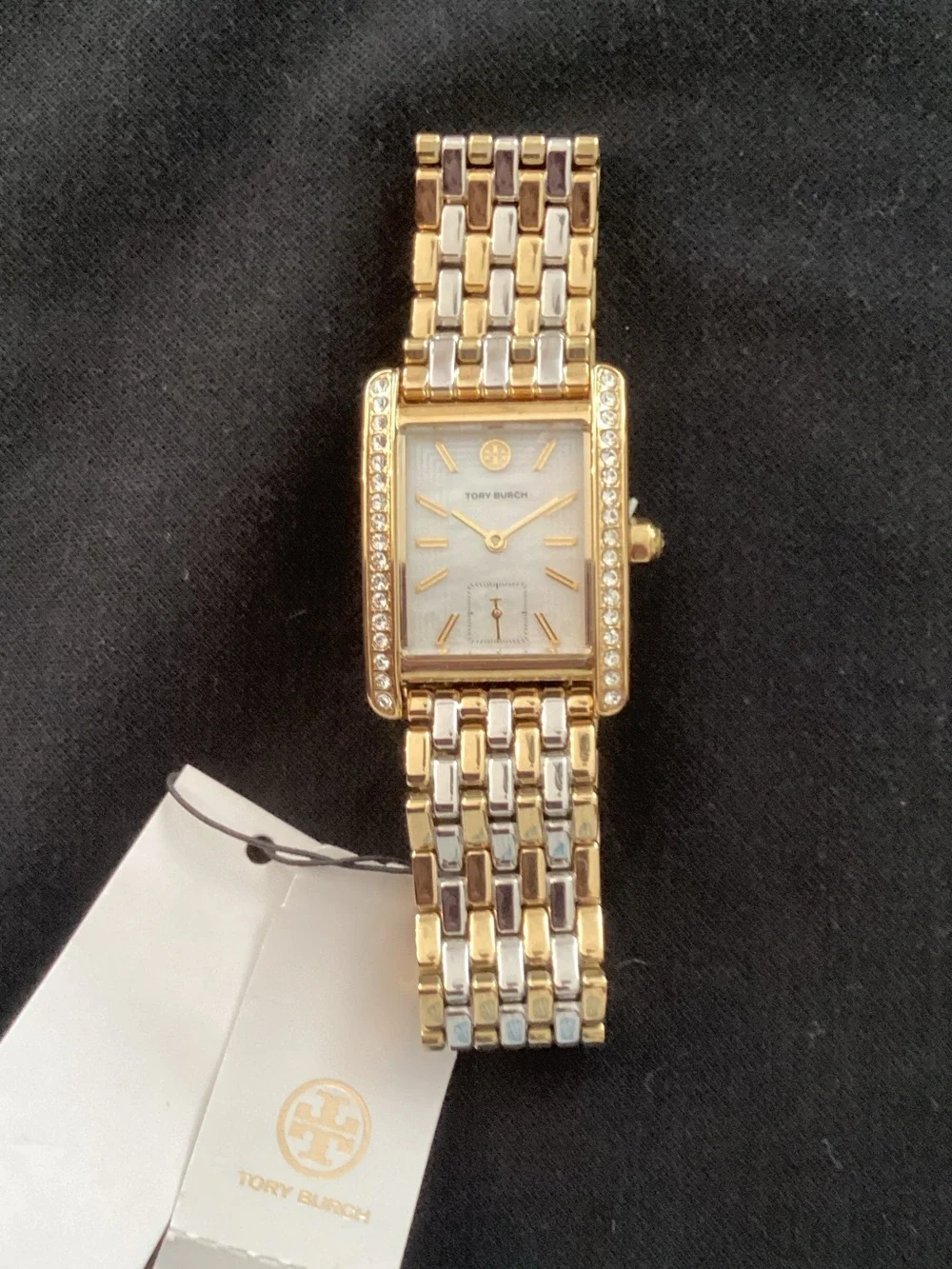 Tory Burch Two-Tone Gold and Silver Crystal-Trim Rectangular Watch